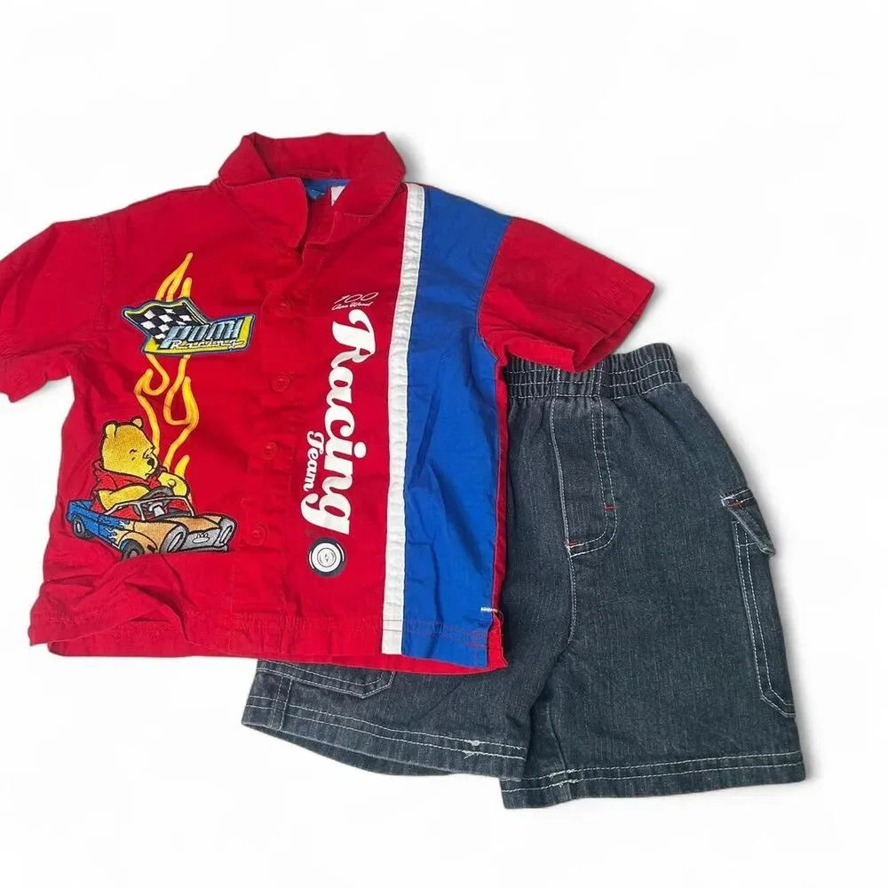Vintage Disney Winnie the Pooh Racing red button up shirt denim shorts set 2T